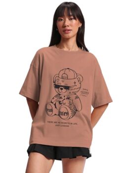 JUNEBERRY® 100% Pure Cotton Oversized Loose Baggy Fit Drop Shoulder Half Sleeve Round Neck Cool Front Teddy Printed Cork & White T-Shirt for Women