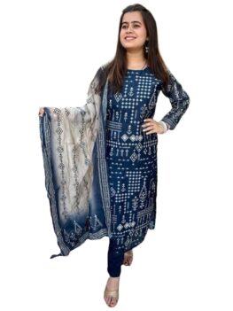 GoSriKi Women's Rayon Blend Straight Printed Kurta with Pant & Dupatta.