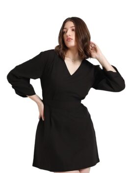 DL Woman V-Neck Solid A-line Belted Dress.