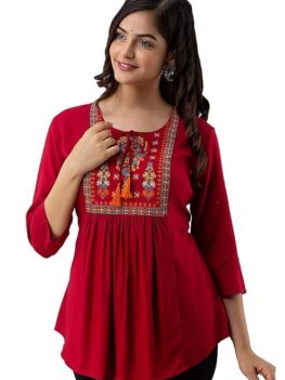 Avayayat Short Kurti for Women| Embroidered Straight Rayon Kurta | Round Neck Full Sleeves Short Kurti | Tunic Tops for Women for Women's