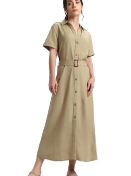 DL Woman Women's Midi A-Line Shirt Dress with Belt, A-Line Fit Solid.