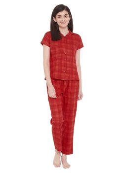 Clovia Women's Cotto Checks Printed Buttond Down Shirt & Pyjama Set