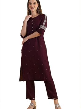 W for Woman Purple Embroidered Straight Kurta and Straight Pants Set.