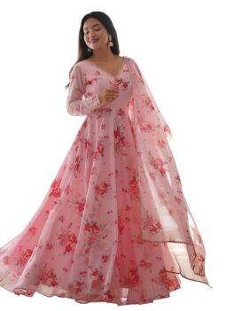 Women's Georgette Full Sleeve Square Neck Calf Length Printed Gown.