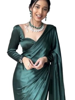 SATAZ Women's Ready to Wear Castleton Green Plain Satin Silk Sari.