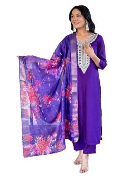 Naixa Women's Violate Chanderi Viscose Embroidered Straight Kurta.