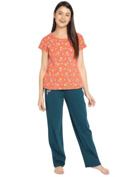 Clovia Women's Cotton Printed T-Shirt & Pyjama Set in Orange.