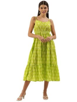 FABRIC FITOOR Women Cotton Lime Green Color Flared Dress.