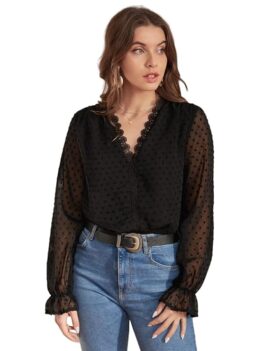 MIZAGO Women's Swiss Dot Scallop Trim Top.