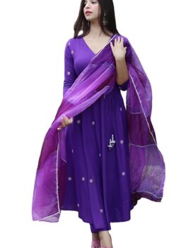 GoSriKi Women's Cotton Blend Anarkali Embroidered Kurta with Pant & Dupatta