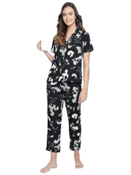 Clovia Women's Crepe Printed Button Down Shirt & Pajama Set-Black.