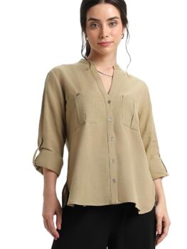 DL Women's Stylized Shirt Style Top with Roll Up Sleeves, Regular Fit Solid.