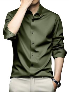 DEELMO Men's Stylish Solid Satin Casual shirts.
