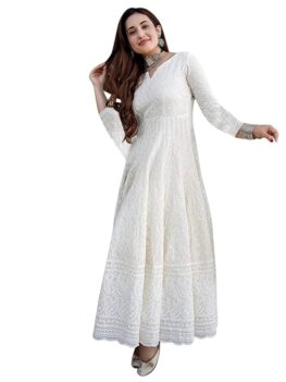 LookMark Women's & Girl's Straight Cotton Chikankari Long Kurti Gown