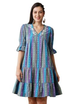 Globus Women Floral Embroider V-Neck Puff Sleeves Knee Length Dress.