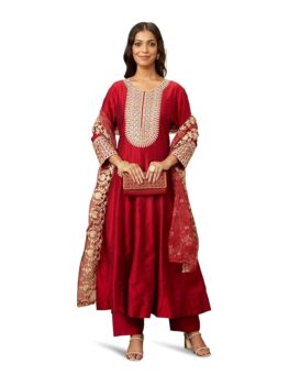 Myx Women's Solid Straight Embroidered Kurta Pant Set with Organza Dupatta