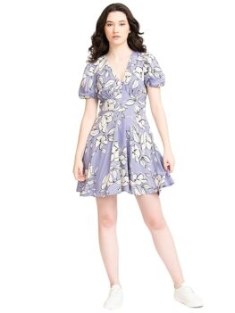 Clothing Women s Lavender Rayon Floral Print Fit and Flare Yoke Dress.