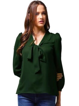 Stylistico Women Office Top Solid v Neck Work wear Full Sleeves top Formal Vneck Plain Balloon top tie up