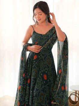 FIBREZA Women Printed Traditional Sleeveless Flared Long Gown.