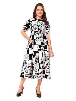 Masalli Fashion Women's Black & White Printed Midi Dress with Pocket.