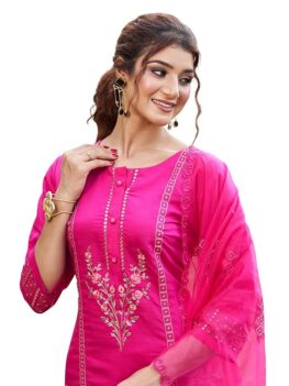 INDO ERA Women's Silk Blend Embroidered Straight Kurta Set.