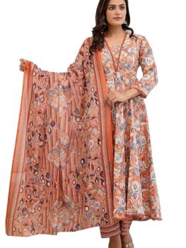 PARTHVI Women's Printed Cotton Anarkali Kurta & Pant With Dupatta Set.