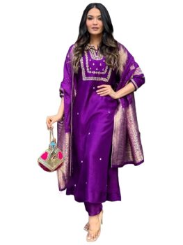 GoSriKi Women's Rayon Blend Straight Embroidered Kurta with Pant & Dupatta.