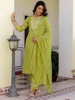 SIRIL Women's Silk Blend Kurta Set | Embroidery Kurta with Pant & Dupatta