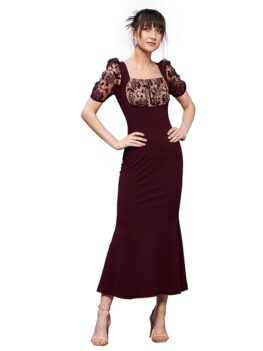 Women's Square Neck Puff Sleeve Solid Lace Overlaid Ankle Length Dress.