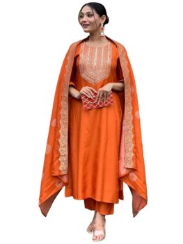 GoSriKi Women's Rayon Viscose Straight Embroidered Kurta with Pant & Dupatta.
