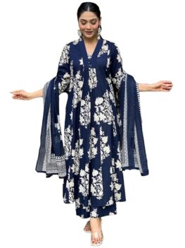 ANNI DESIGNER Women's Rayon Blend Anarkali Printed Set.