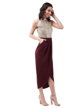 Miss Chase Women's Wine Halter Neck Sleeveless Solid Embellished Midi.