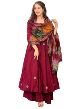 VAAZI CREATOR Maroon Anarkali Suit with Multicolor Dupatta.
