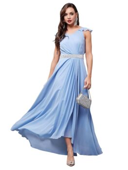 Miss Chase Women's V-Neck Ruffled Sleeve Solid Embellished Maxi Dress.
