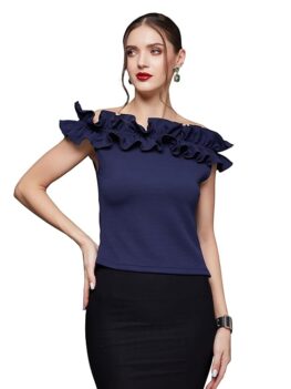 Miss Chase Women's Navy Blue Sleeveless Solid Slim Fit.