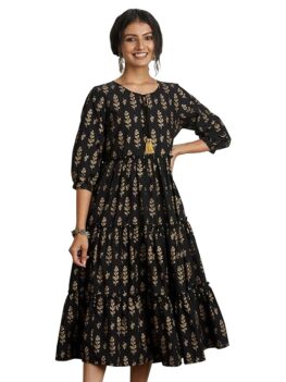 Myx Women's A-Line Calf Length Printed Tiered Dress in Cotton