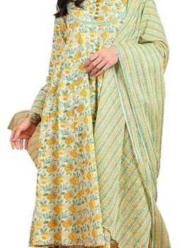 Yash Gallery Women's Cotton Ankle Length Notch Neck Full Sleeves.
