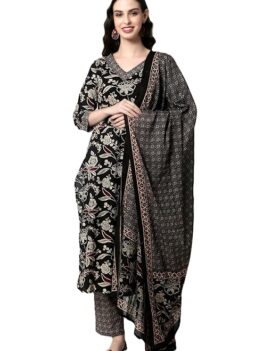 Arayna Women's Cotton Block Printed Straight Kurta with Palazzo Pant.