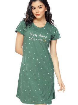 ZEYO Women's Cotton Night Dress Star Printed Knee Length Night Gown