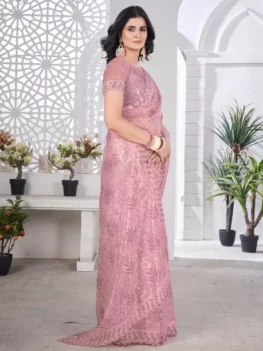 Embellished Bollywood Net Saree (Pink).