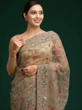 Embroidered Bollywood Net Saree (Beige).