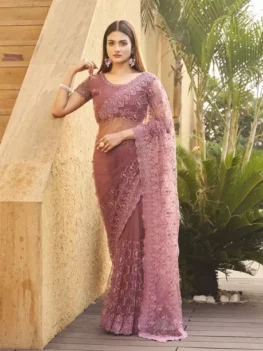 Embroidered Bollywood Net Saree (Pink)