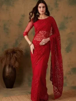 Embroidered Bollywood Net Saree (Red).