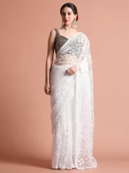 Embroidered Bollywood Net Saree (White).