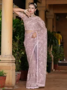 Embroidered, Embellished Bollywood Net Saree (Pink).