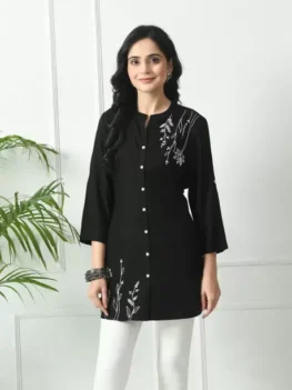 Formal Regular Sleeves Embroidered Women Black Top.