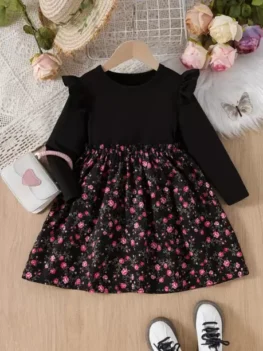 Baby Girls Midi/Knee Length Party Dress (Black, Full Sleeve).