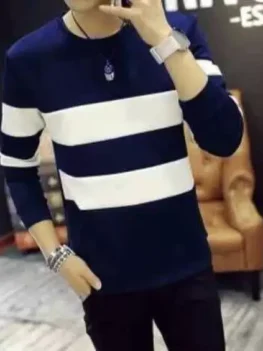 Men Striped Round Neck Cotton Blend Blue T-Shirt.