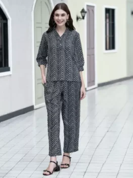 Selvia Top Pant Co-ords Set Printed, Black, Navy Blue White Dress Set.