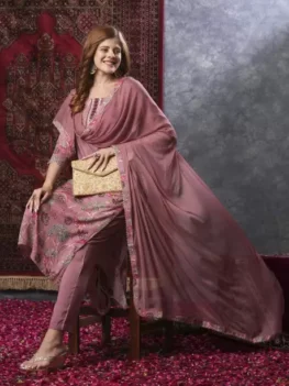 Women Cotton Rayon Kurta Pant Attached Dupatta Set.